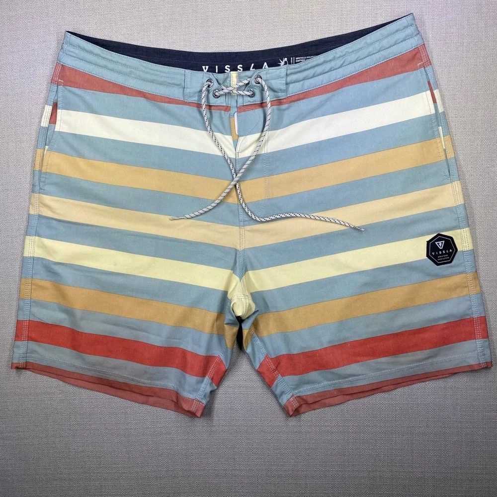 Vissla Mens Striped Board Shorts Size 38 Surf Trunks Multi w/ Pocket